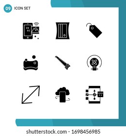 Set of 9 Commercial Solid Glyphs pack for bade; saw; price; sponge; cleaning Editable Vector Design Elements