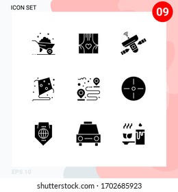 Set of 9 Commercial Solid Glyphs pack for destination; fly; romance; kite; space Editable Vector Design Elements