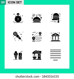 Set of 9 Commercial Solid Glyphs pack for road; microphone; room; mic; santa hat Editable Vector Design Elements