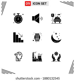 Set of 9 Commercial Solid Glyphs pack for moon; celebration; car; music; fall Editable Vector Design Elements