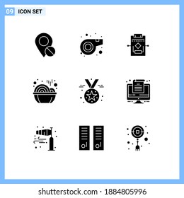 Conjunto de 9 paquetes comerciales de glifos sólidos para placa; año; flujo de trabajo; fideos; elementos de diseño de vectores editables chinos