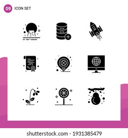 Set of 9 Commercial Solid Glyphs pack for diploma; certification; storage; launch; space Editable Vector Design Elements