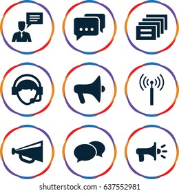 set of 9 communicate filled icons such as signal tower, chat, megaphone, man with chat bubblle, operator