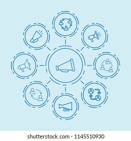 Set of 9 communicate outline icons such as communication, megaphone
