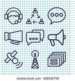 Set of 9 communicate outline icons such as signal tower, megaphone, operator, satellite, chat, communication