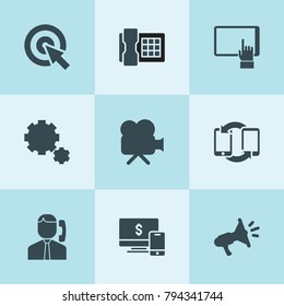 Set of 9 communication filled icons such as pc, call center, desk phone, movie camera, tablet, gear, phone communication, pointer
