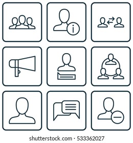 Set Of 9 Communication Icons. Can Be Used For Web, Mobile, UI And Infographic Design. Includes Elements Such As Bullhorn, Teamwork, Online Chatting And More.