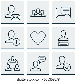 Set Of 9 Communication Icons. Can Be Used For Web, Mobile, UI And Infographic Design. Includes Elements Such As Online Letter, Teamwork, Online Chatting And More.