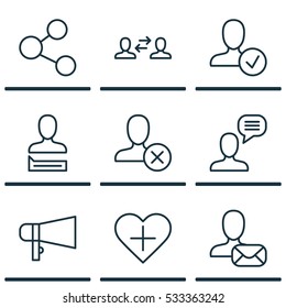Set Of 9 Communication Icons. Can Be Used For Web, Mobile, UI And Infographic Design. Includes Elements Such As Publication, Talking Person, Online Letter And More.
