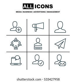 Set Of 9 Communication Icons. Can Be Used For Web, Mobile, UI And Infographic Design. Includes Elements Such As Team Organisation, Online Letter, Chatting Person And More.