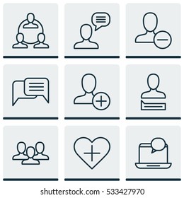 Set Of 9 Communication Icons. Can Be Used For Web, Mobile, UI And Infographic Design. Includes Elements Such As Mail Notification, Online Chatting, Team And More.