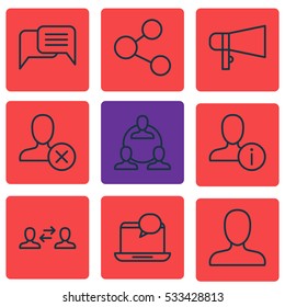 Set Of 9 Communication Icons. Can Be Used For Web, Mobile, UI And Infographic Design. Includes Elements Such As Business Exchange, Publication, Profile Data And More.