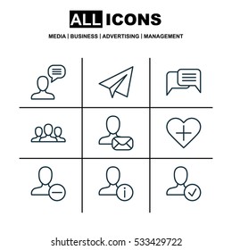 Set Of 9 Communication Icons. Can Be Used For Web, Mobile, UI And Infographic Design. Includes Elements Such As Confirm Profile, Startup, Online Letter And More.