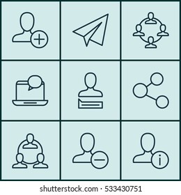 Set Of 9 Communication Icons. Can Be Used For Web, Mobile, UI And Infographic Design. Includes Elements Such As Teamwork, Publication, Startup And More.