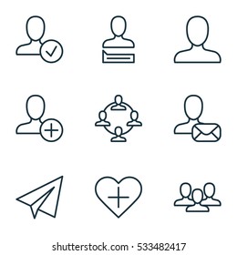 Set Of 9 Communication Icons. Can Be Used For Web, Mobile, UI And Infographic Design. Includes Elements Such As Chatting Person, Team, Web Profile And More.