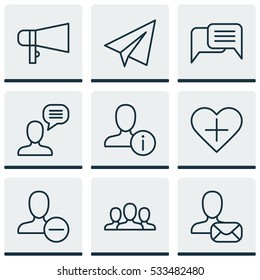 Set Of 9 Communication Icons. Can Be Used For Web, Mobile, UI And Infographic Design. Includes Elements Such As Profile Data, Bullhorn, Online Chatting And More.