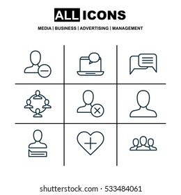 Set Of 9 Communication Icons. Can Be Used For Web, Mobile, UI And Infographic Design. Includes Elements Such As Team Organisation, Remove User, Ban Person And More.