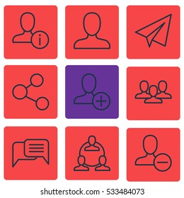 Set Of 9 Communication Icons. Can Be Used For Web, Mobile, UI And Infographic Design. Includes Elements Such As Team, Web Profile, Publication And More.