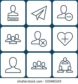 Set Of 9 Communication Icons. Can Be Used For Web, Mobile, UI And Infographic Design. Includes Elements Such As Team, Remove User, Startup And More.
