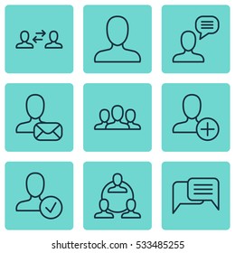 Set Of 9 Communication Icons. Can Be Used For Web, Mobile, UI And Infographic Design. Includes Elements Such As Web Profile, Online Letter, Business Exchange And More.