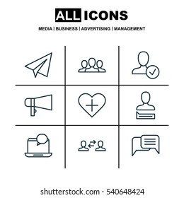 Set Of 9 Communication Icons. Includes Society, Bullhorn, Chatting Person And Other Symbols. Beautiful Design Elements.
