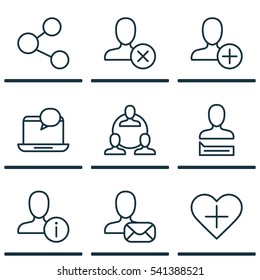 Set Of 9 Communication Icons. Includes Profile Data, Ban Person, Publication And Other Symbols. Beautiful Design Elements.