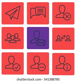 Set Of 9 Communication Icons. Includes Confirm Profile, Online Letter, Ban Person And Other Symbols. Beautiful Design Elements.