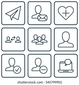 Set Of 9 Communication Icons. Includes Online Letter, Mail Notification, Team And Other Symbols. Beautiful Design Elements.