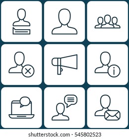 Set Of 9 Communication Icons. Includes Web Profile, Ban Person, Bullhorn And Other Symbols. Beautiful Design Elements.