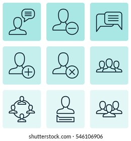 Set Of 9 Communication Icons. Includes Ban Person, Team, Talking Person And Other Symbols. Beautiful Design Elements.