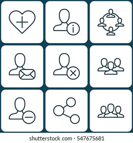 Set Of 9 Communication Icons. Includes Ban Person, Team Organisation, Online Letter And Other Symbols. Beautiful Design Elements.