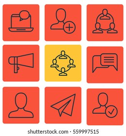 Set Of 9 Communication Icons. Includes Online Chatting, Team Organisation, Web Profile And Other Symbols. Beautiful Design Elements.