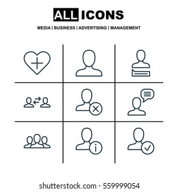 Set Of 9 Communication Icons. Includes Society, Web Profile, Confirm Profile And Other Symbols. Beautiful Design Elements.