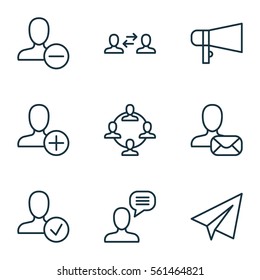Set Of 9 Communication Icons. Includes Team Organisation, Startup, Confirm Profile And Other Symbols. Beautiful Design Elements.