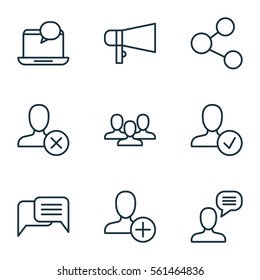 Set Of 9 Communication Icons. Includes Ban Person, Talking Person, Team And Other Symbols. Beautiful Design Elements.