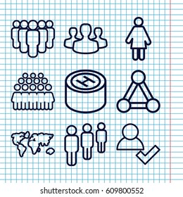 Set of 9 community outline icons such as connection, group, hospital, user group, add user, world map