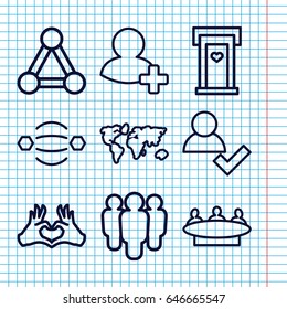 Set of 9 community outline icons such as connection, door with heart, group, heart tag, add friend, add user, world map