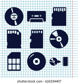 Set of 9 compact filled icons such as CD, cassette, disc