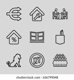set of 9 company outline icons such as lion, office room, group, meeting, photo album, home repair, mortgage, xy