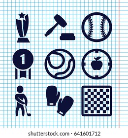 Set of 9 competition filled icons such as auction, golf player, boxing gloves, baseball, apple target, trophy, number 1 medal, chess board