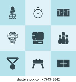 Set of 9 competition filled icons such as medal, boxing glove, stopwatch, bowling, sport mask, shuttlecock, vaulting horse, soccer pitch