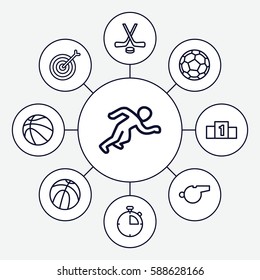 Set of 9 competition outline icons such as stopwatch, hockey, whistle, running, basketball, fotball, ranking