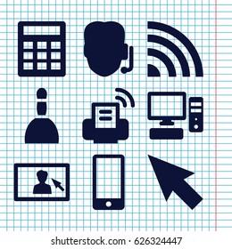 Set of 9 computer filled icons such as spa bag, pc, phone, camera display, printer, pointer, support, calculator