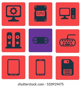 Set Of 9 Computer Hardware Icons. Can Be Used For Web, Mobile, UI And Infographic Design. Includes Elements Such As Diskette, Loudspeakers, Cellphone And More.