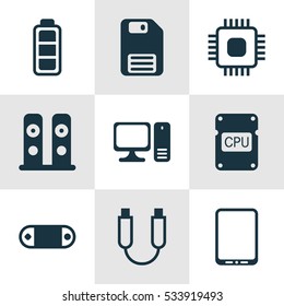 Set Of 9 Computer Hardware Icons. Can Be Used For Web, Mobile, UI And Infographic Design. Includes Elements Such As Diskette, Radio Set, Loudspeakers And More.