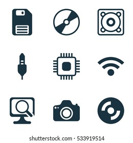 Set Of 9 Computer Hardware Icons. Can Be Used For Web, Mobile, UI And Infographic Design. Includes Elements Such As Aux Cord, Diskette, Laptop And More.