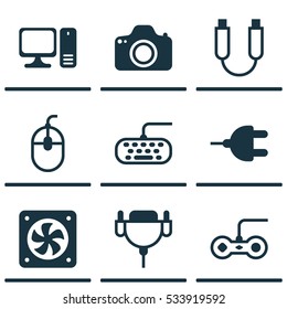 Set Of 9 Computer Hardware Icons. Can Be Used For Web, Mobile, UI And Infographic Design. Includes Elements Such As Computer Ventilation, Joystick, Camera And More.