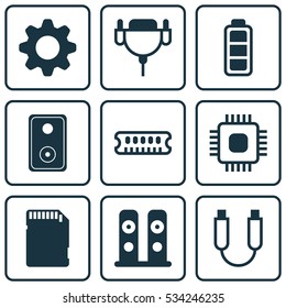 Set Of 9 Computer Hardware Icons. Can Be Used For Web, Mobile, UI And Infographic Design. Includes Elements Such As Portable Memory, Loudspeakers, Chip And More.