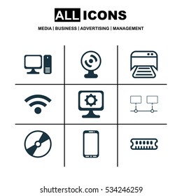 Set Of 9 Computer Hardware Icons. Can Be Used For Web, Mobile, UI And Infographic Design. Includes Elements Such As Connected Devices, Wireless, Desktop Computer And More. Set Of 9 Computer Hardware Icons. Can Be Used For Web, Mobile, UI And Infographic Design. Includes Elements Such As Connected Devices, Wireless, Desktop Computer And More.