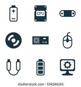 Set Of 9 Computer Hardware Icons. Can Be Used For Web, Mobile, UI And Infographic Design. Includes Elements Such As Battery, Cpu, Blank Cd And More.